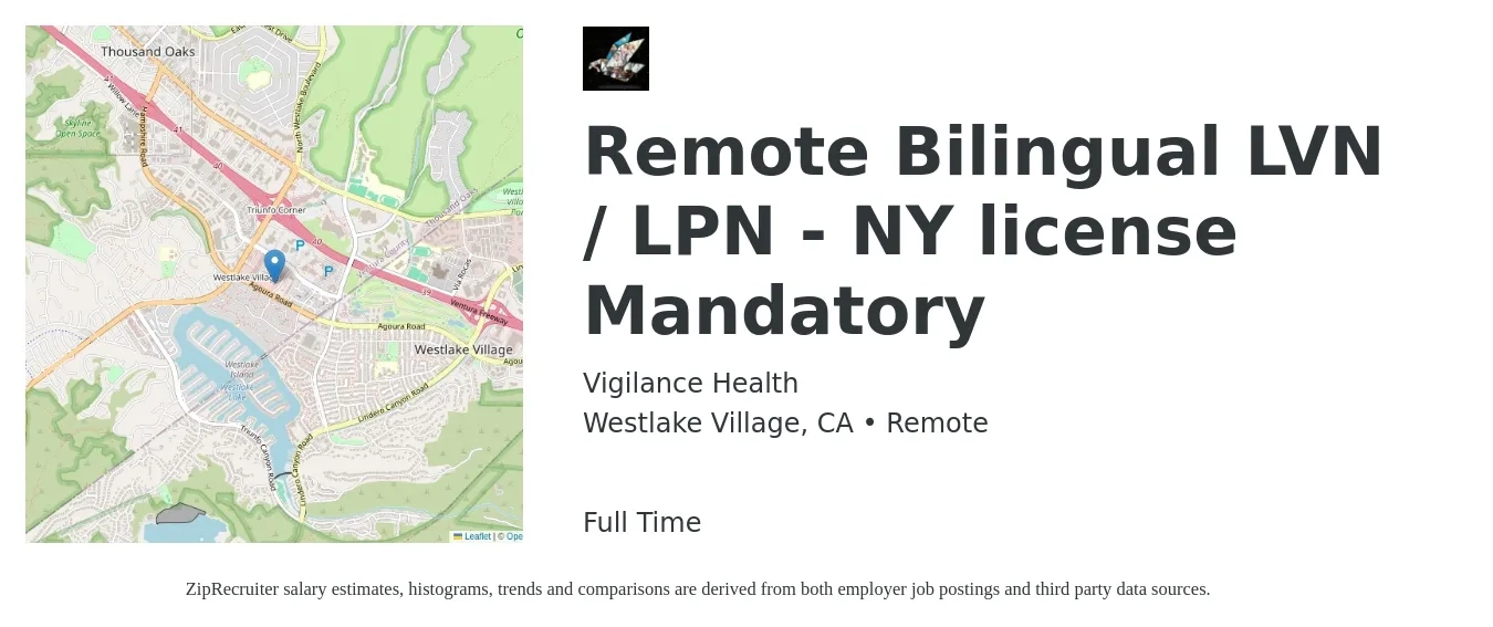 Vigilance Health job posting for a Remote Bilingual LVN / LPN - NY license Mandatory in Westlake Village, CA with a salary of $23 to $27 Hourly with a map of Westlake Village location.