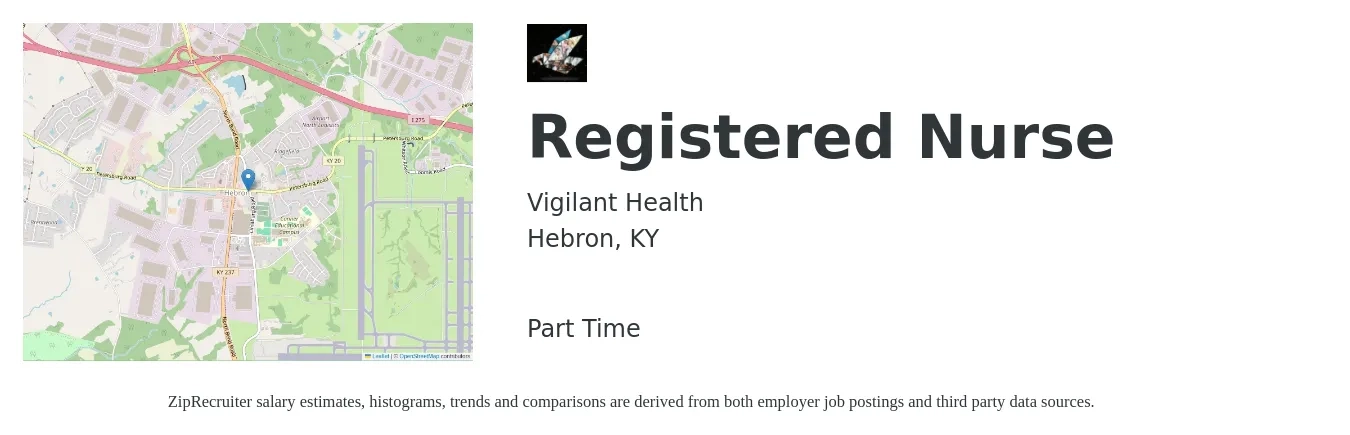 Vigilant Health job posting for a Registered Nurse in Hebron, KY with a salary of $32 to $50 Hourly with a map of Hebron location.