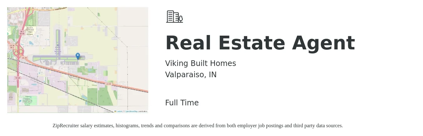 Viking Built Homes job posting for a Real Estate Agent in Valparaiso, IN with a salary of $100,000 to $150,000 Yearly with a map of Valparaiso location.
