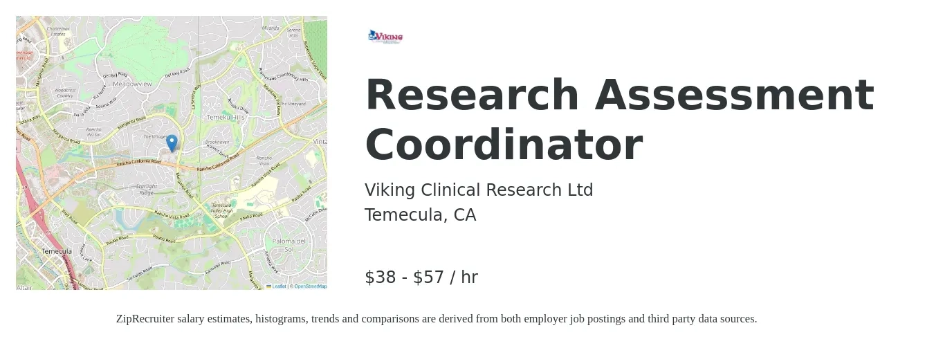 Viking Clinical Research Ltd job posting for a Research Assessment Coordinator in Temecula, CA with a salary of $40 to $60 Hourly with a map of Temecula location.