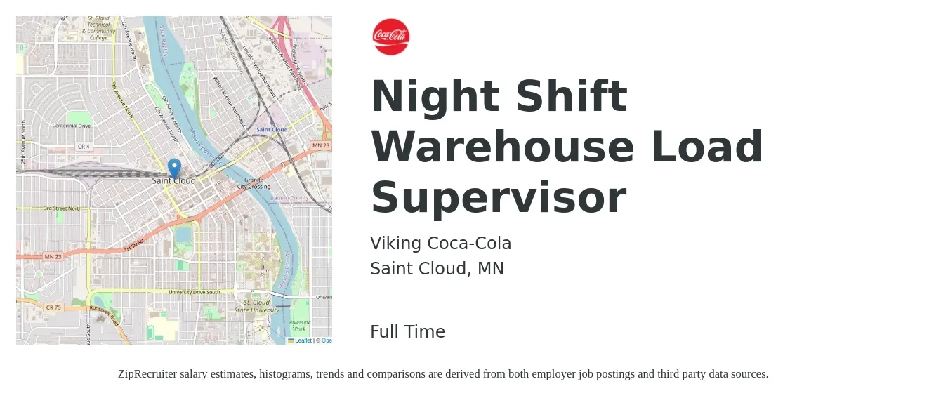 Viking Coca-Cola job posting for a Night Shift Warehouse Load Supervisor in Saint Cloud, MN with a salary of $39,600 to $67,400 Yearly with a map of Saint Cloud location.