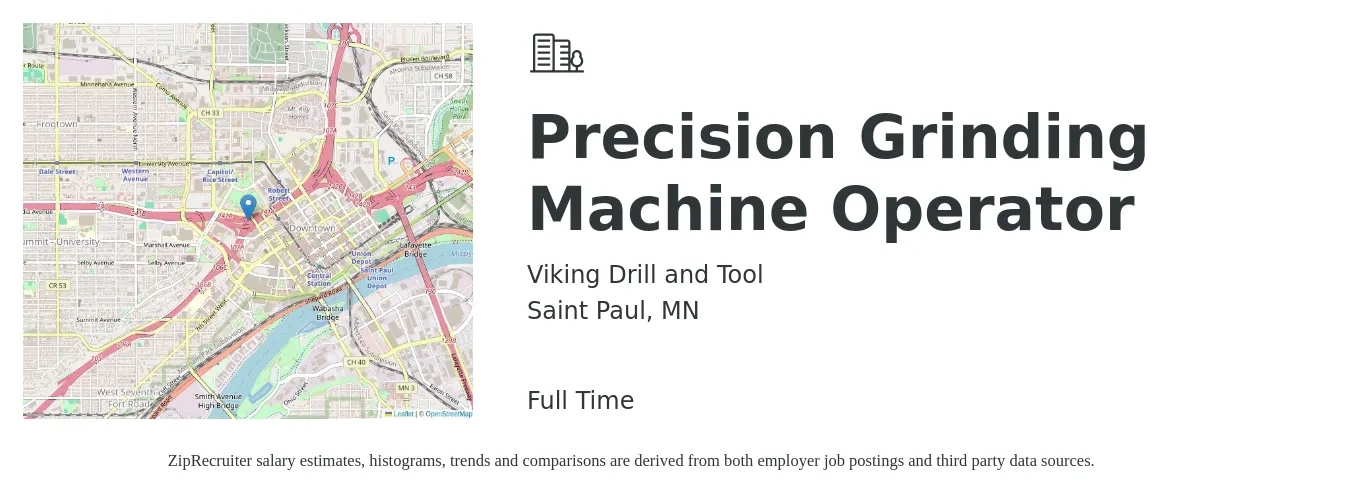 Viking Drill and Tool job posting for a Precision Grinding Machine Operator in Saint Paul, MN with a salary of $21 to $25 Hourly with a map of Saint Paul location.