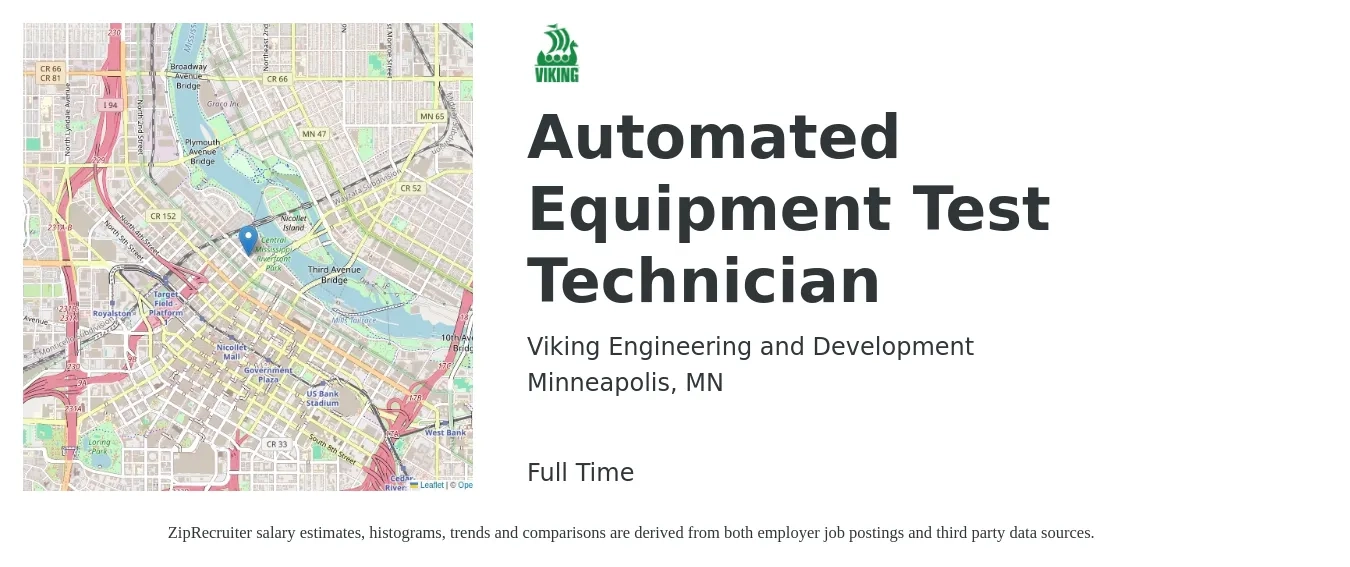 Viking Engineering and Development job posting for a Automated Equipment Test Technician in Minneapolis, MN with a salary of $43,800 Yearly with a map of Minneapolis location.