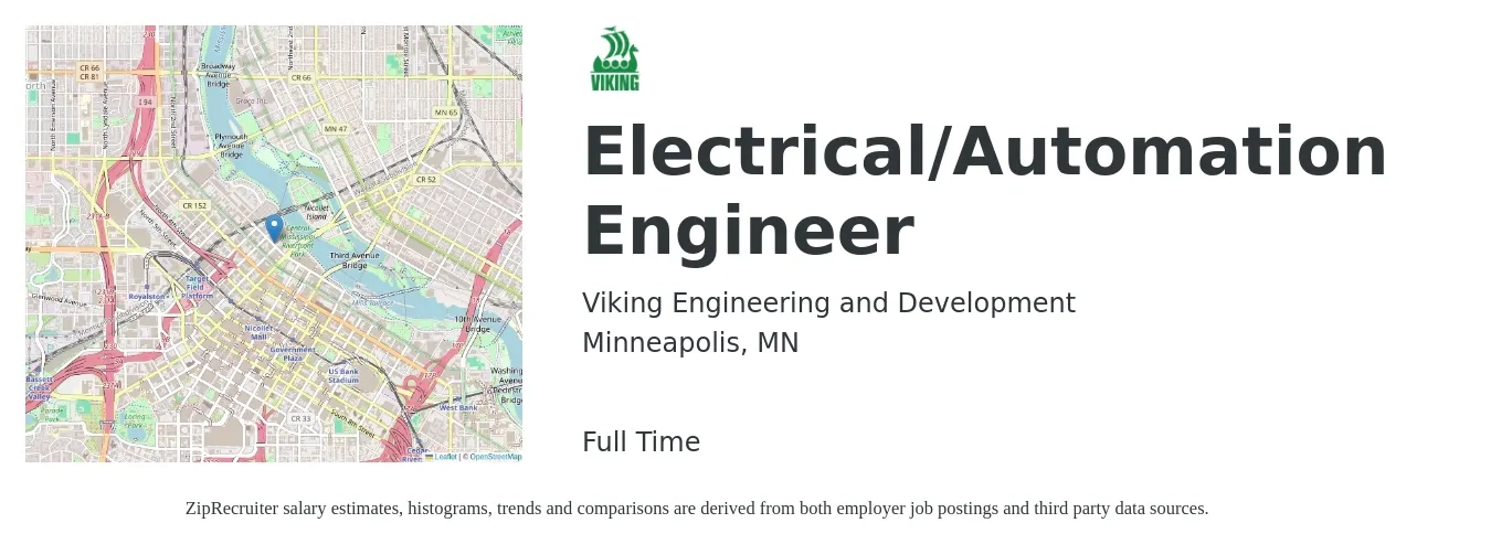 Viking Engineering and Development job posting for a Electrical/Automation Engineer in Minneapolis, MN with a salary of $82,400 to $108,000 Yearly with a map of Minneapolis location.