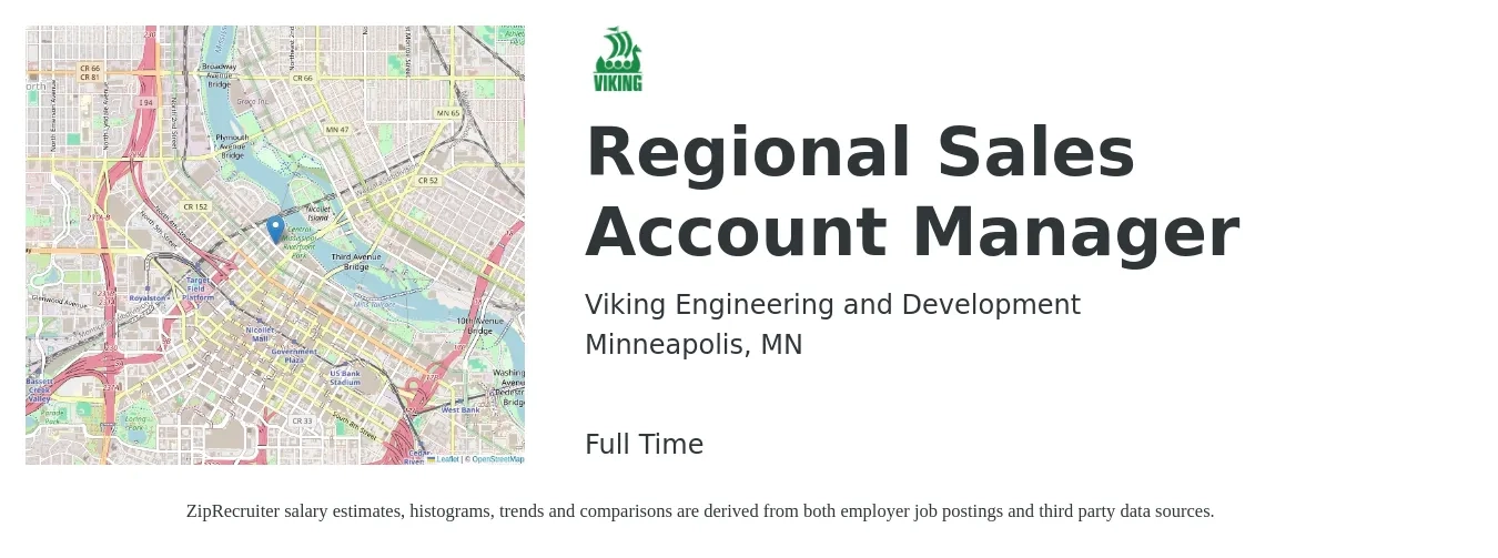 Viking Engineering and Development job posting for a Regional Sales Account Manager in Minneapolis, MN with a salary of $74,600 to $119,400 Yearly with a map of Minneapolis location.