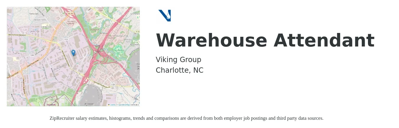 Viking Group job posting for a Warehouse Attendant in Charlotte, NC with a salary of $14 to $18 Hourly with a map of Charlotte location.