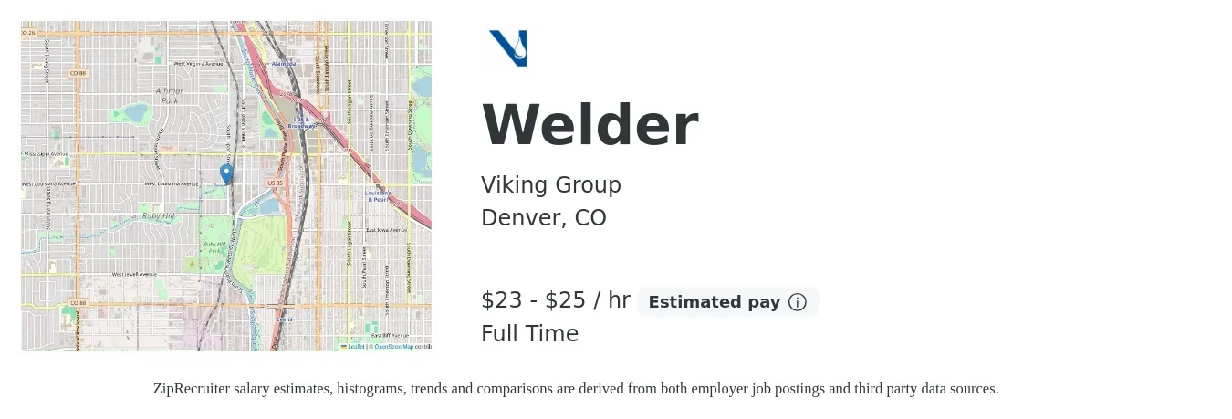 The Viking Group job posting for a Welder in Denver, CO with a salary of $24 Hourly with a map of Denver location.
