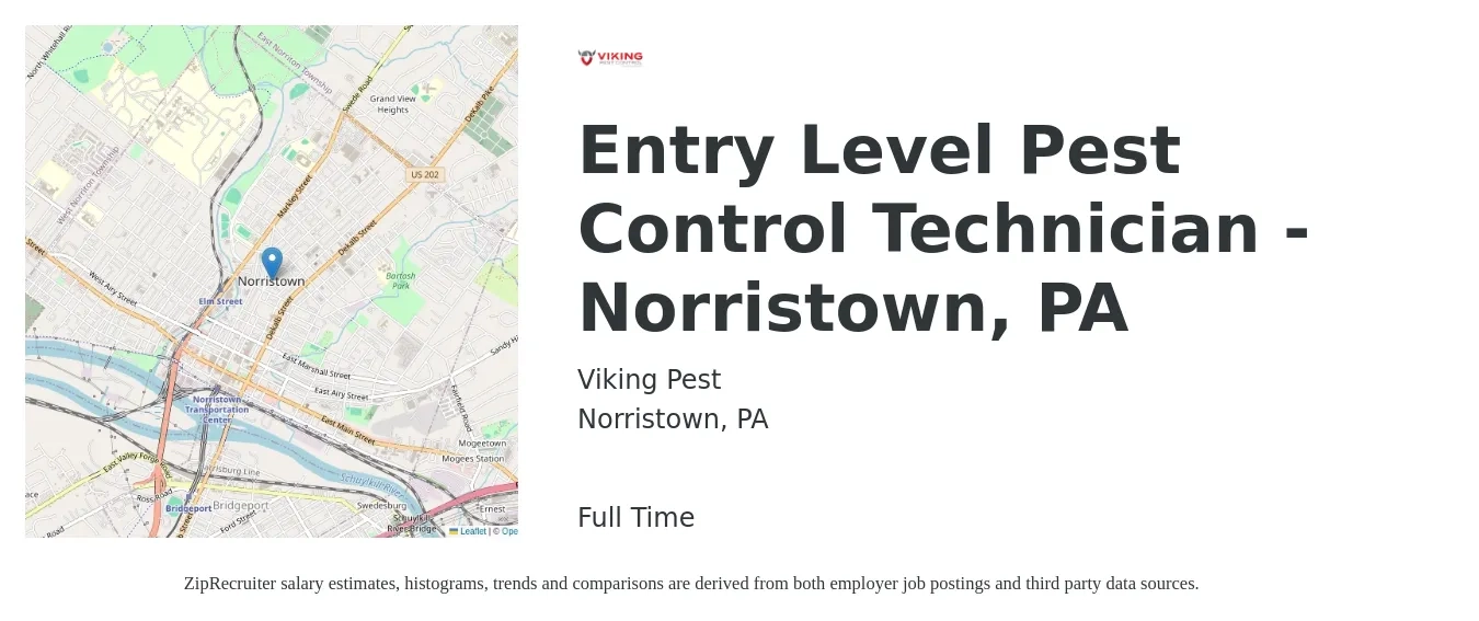Viking Pest job posting for a Entry Level Pest Control Technician - Norristown, PA in Norristown, PA with a salary of $18 to $23 Hourly with a map of Norristown location.