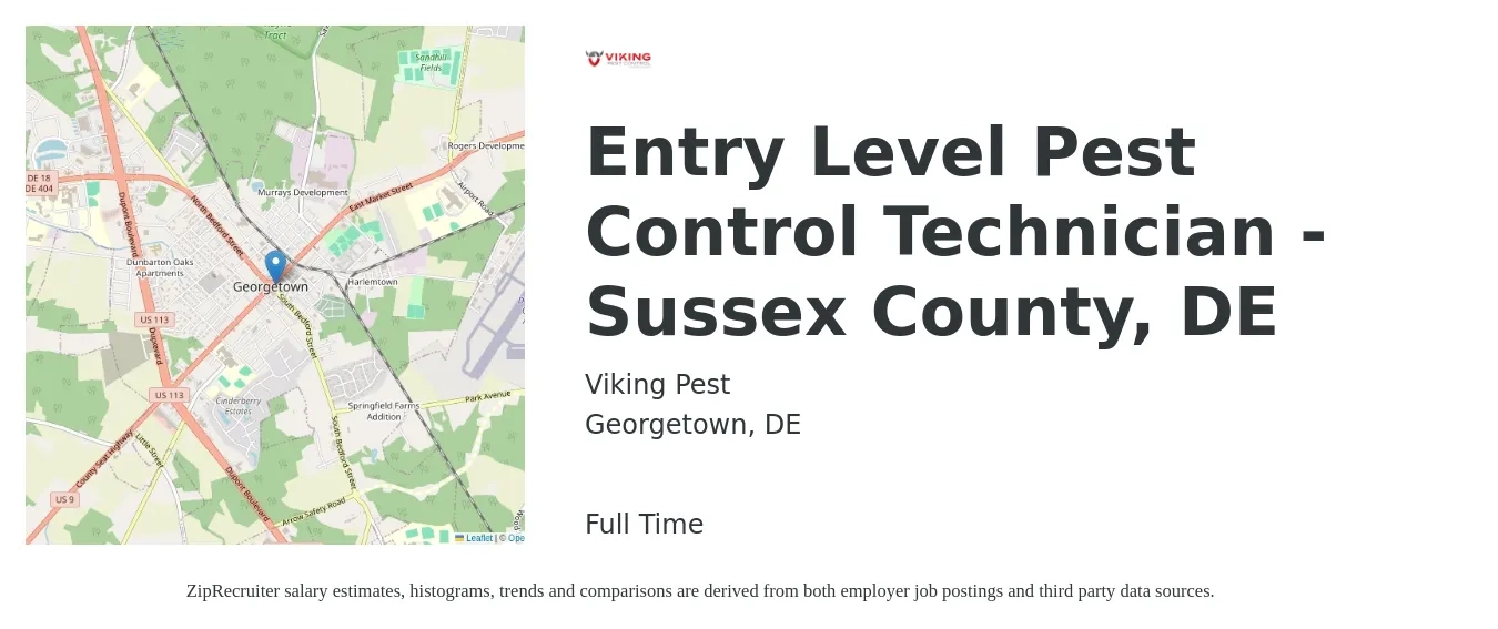 Viking Pest job posting for a Entry Level Pest Control Technician - Sussex County, DE in Georgetown, DE with a salary of $17 to $22 Hourly with a map of Georgetown location.
