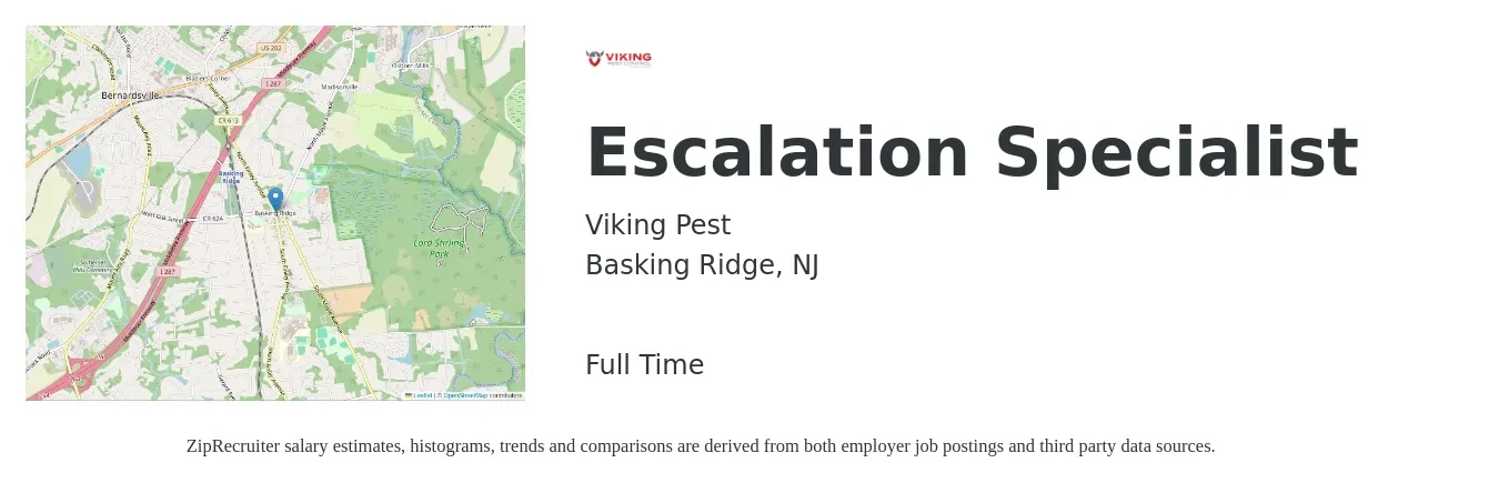 Viking Pest job posting for a Escalation Specialist in Basking Ridge, NJ with a salary of $18 to $23 Hourly with a map of Basking Ridge location.