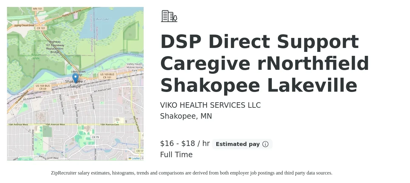 VIKO HEALTH SERVICES LLC job posting for a DSP Direct Support Caregive rNorthfield Shakopee Lakeville in Shakopee, MN with a salary of $17 to $20 Hourly with a map of Shakopee location.