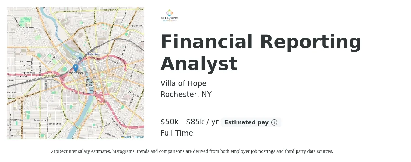 Villa of Hope job posting for a Financial Reporting Analyst in Rochester, NY with a salary of $50,050 to $85,176 Yearly with a map of Rochester location.