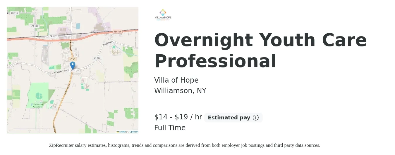 Villa of Hope job posting for a Overnight Youth Care Professional in Williamson, NY with a salary of $15 to $20 Hourly with a map of Williamson location.