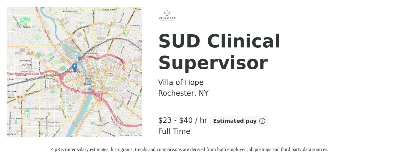 Villa of Hope job posting for a SUD Clinical Supervisor in Rochester, NY with a salary of $25 to $42 Hourly with a map of Rochester location.