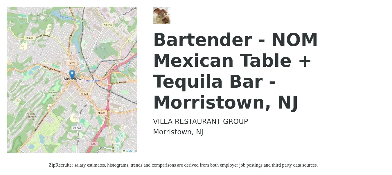 VILLA RESTAURANT GROUP job posting for a Bartender - NOM Mexican Table + Tequila Bar - Morristown, NJ in Morristown, NJ with a salary of $10 to $19 Hourly with a map of Morristown location.