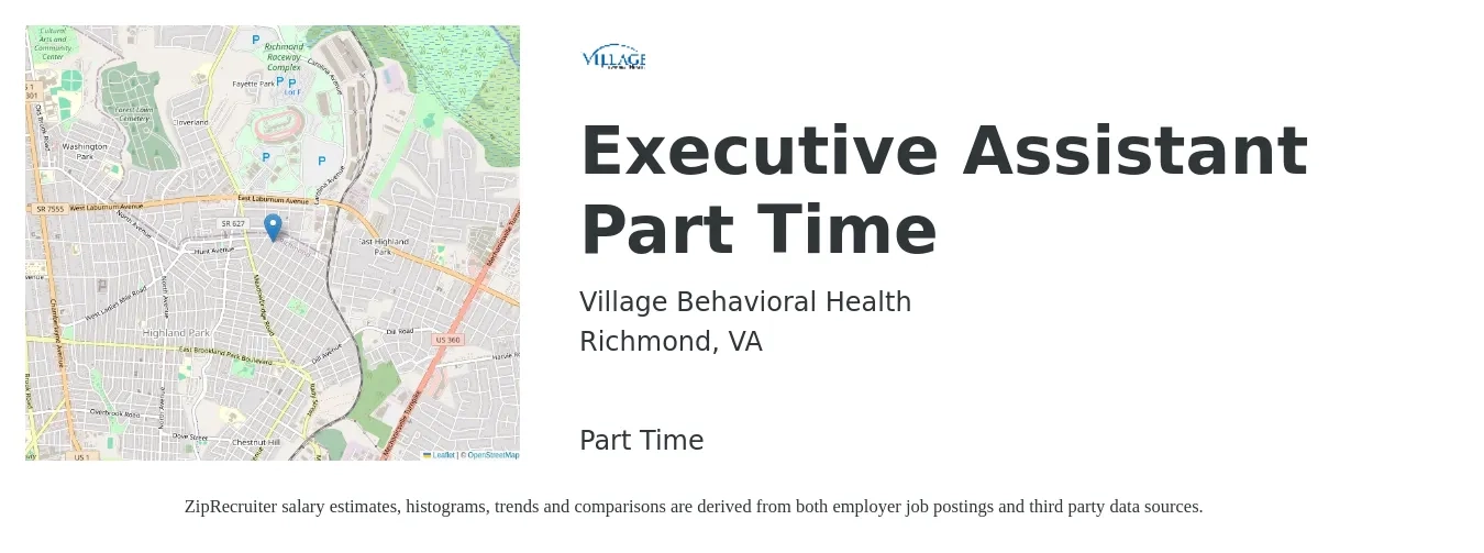 Village Behavioral Health job posting for a Executive Assistant Part Time in Richmond, VA with a salary of $25 to $30 Hourly with a map of Richmond location.