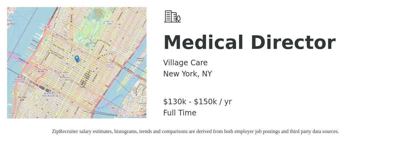 Village Care job posting for a Medical Director in New York, NY with a salary of $130,000 to $150,000 Yearly with a map of New York location.