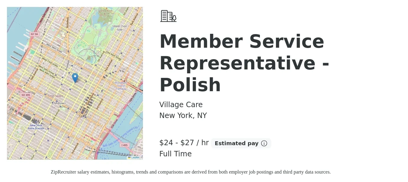 Village Care job posting for a Member Service Representative - Polish in New York, NY with a salary of $25 to $28 Hourly with a map of New York location.