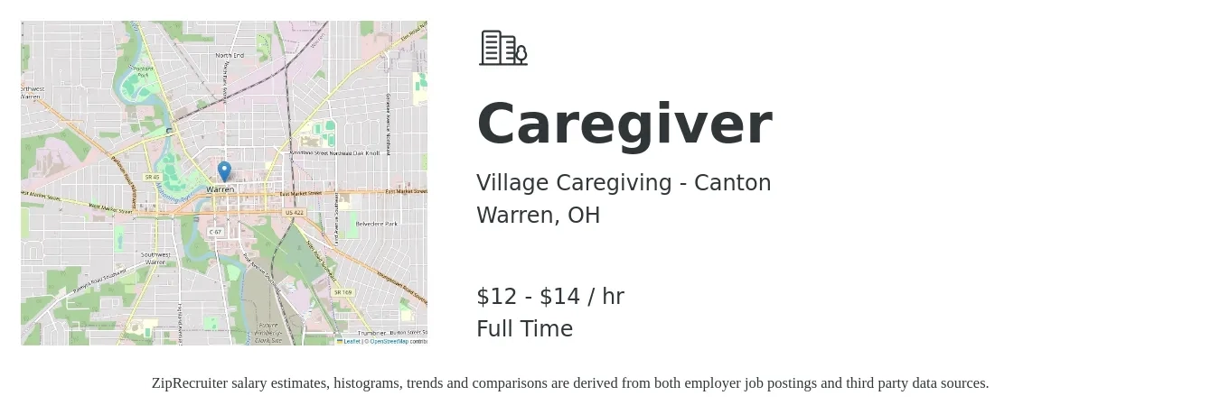 Village Caregiving - Canton job posting for a Caregiver in Warren, OH with a salary of $13 to $15 Hourly with a map of Warren location.