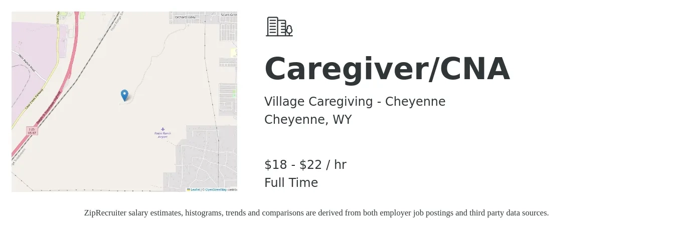 Village Caregiving - Cheyenne job posting for a Caregiver/CNA in Cheyenne, WY with a salary of $19 to $22 Hourly with a map of Cheyenne location.