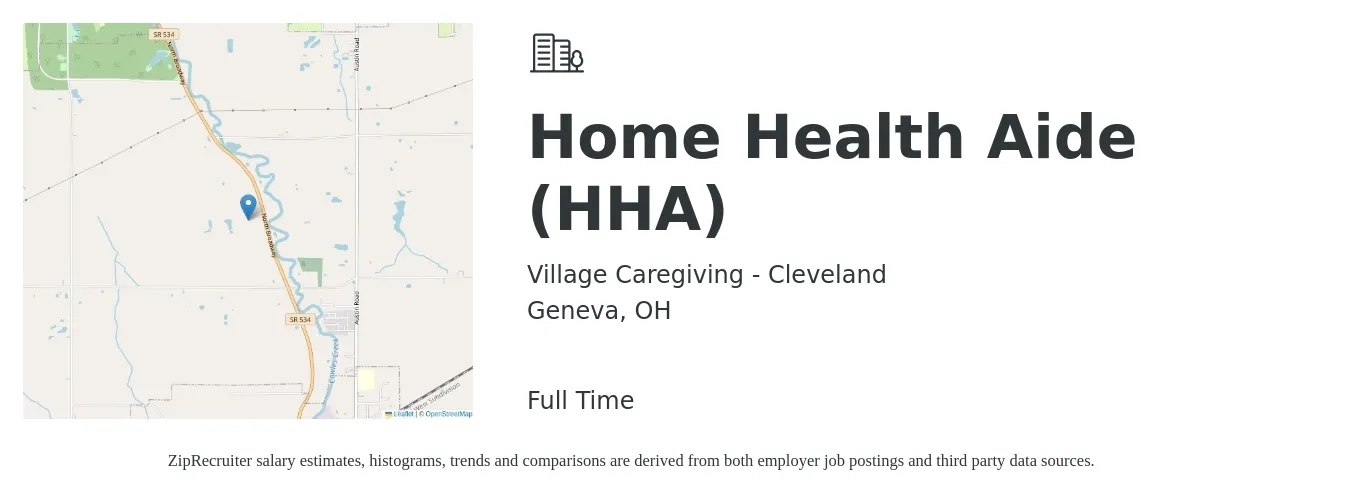 Village Caregiving - Cleveland job posting for a Home Health Aide (HHA) in Geneva, OH with a salary of $12 to $16 Hourly with a map of Geneva location.