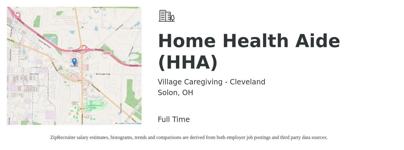 Village Caregiving - Cleveland job posting for a Home Health Aide (HHA) in Solon, OH with a salary of $14 to $18 Hourly with a map of Solon location.