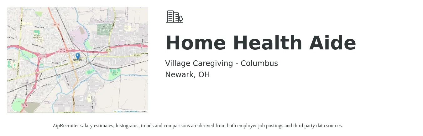 Village Caregiving - Columbus job posting for a Home Health Aide in Newark, OH with a salary of $13 to $17 Hourly with a map of Newark location.
