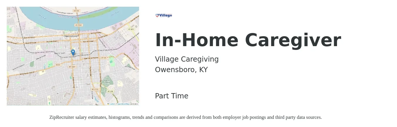 Village Caregiving job posting for a In-Home Caregiver in Owensboro, KY with a salary of $14 to $18 Hourly with a map of Owensboro location.