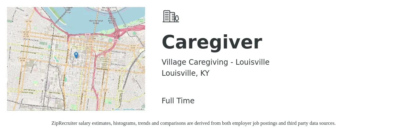 Village Caregiving - Louisville job posting for a Caregiver in Louisville, KY with a salary of $14 to $17 Hourly with a map of Louisville location.