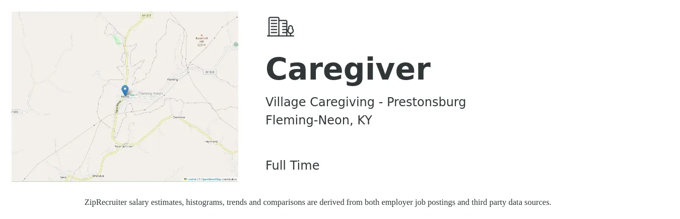 Village Caregiving - Prestonsburg job posting for a Caregiver in Fleming-Neon, KY with a salary of $13 to $17 Hourly with a map of Fleming-Neon location.