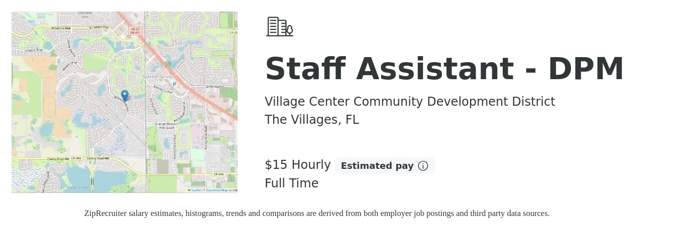 Village Center Community Development District job posting for a Staff Assistant - DPM in The Villages, FL with a salary of $17 Hourly with a map of The Villages location.