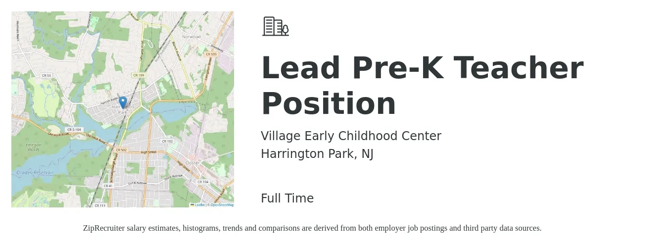 Village Early Childhood Center job posting for a Lead Pre-K Teacher Position in Harrington Park, NJ with a salary of $16 to $22 Hourly with a map of Harrington Park location.
