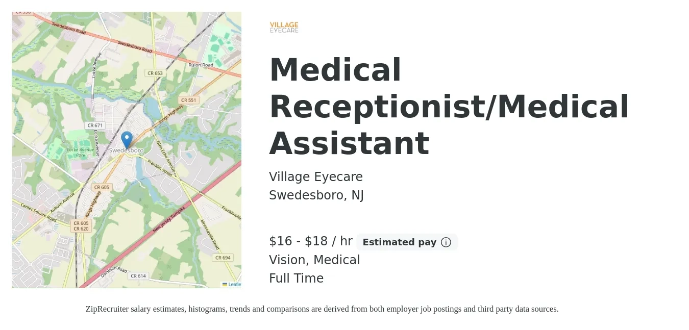 Village Eyecare job posting for a Medical Receptionist/Medical Assistant in Swedesboro, NJ with a salary of $17 to $19 Hourly and benefits including vision, medical, and pto with a map of Swedesboro location.