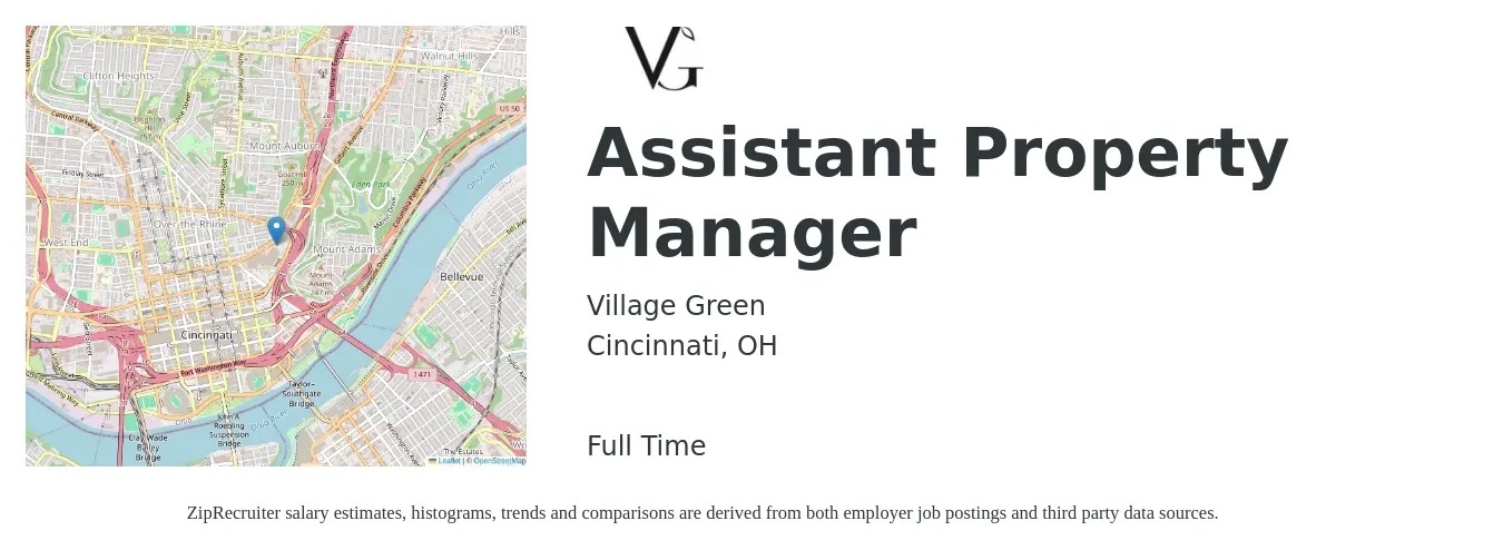 Village Green job posting for a Assistant Property Manager in Cincinnati, OH with a salary of $18 to $24 Hourly with a map of Cincinnati location.