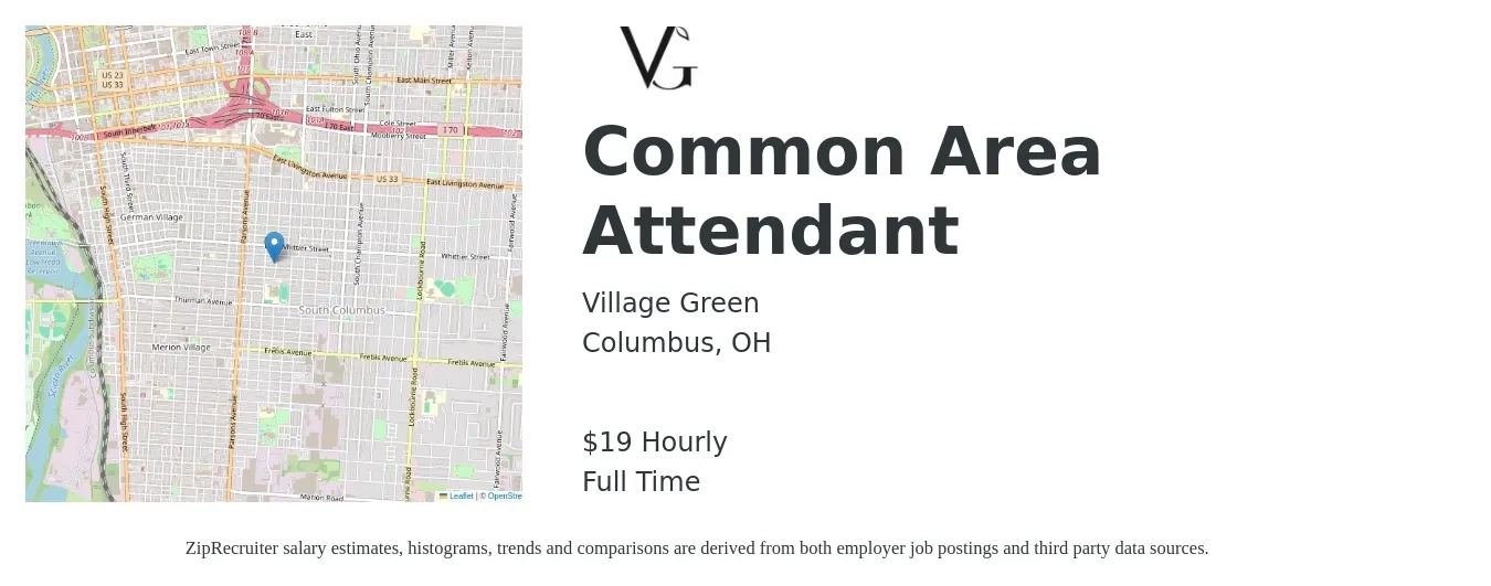 Village Green job posting for a Common Area Attendant in Columbus, OH with a salary of $16 to $20 Hourly with a map of Columbus location.