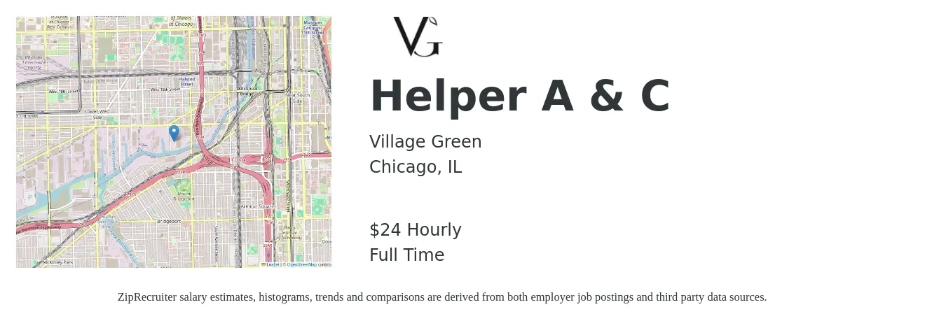Village Green job posting for a Helper A & C in Chicago, IL with a salary of $25 Hourly with a map of Chicago location.
