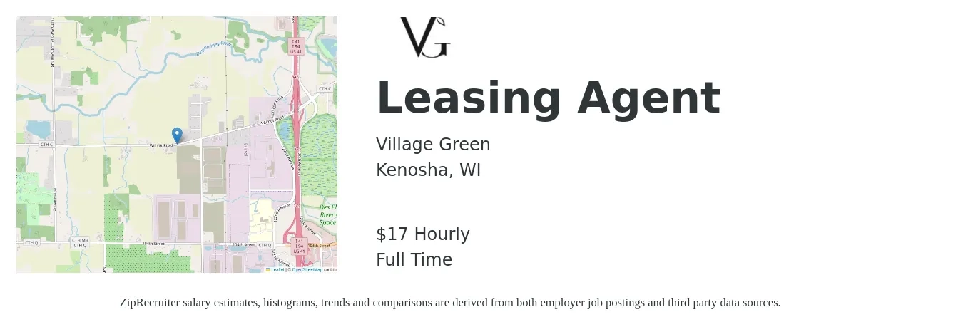 Village Green job posting for a Leasing Agent in Kenosha, WI with a salary of $18 Hourly with a map of Kenosha location.