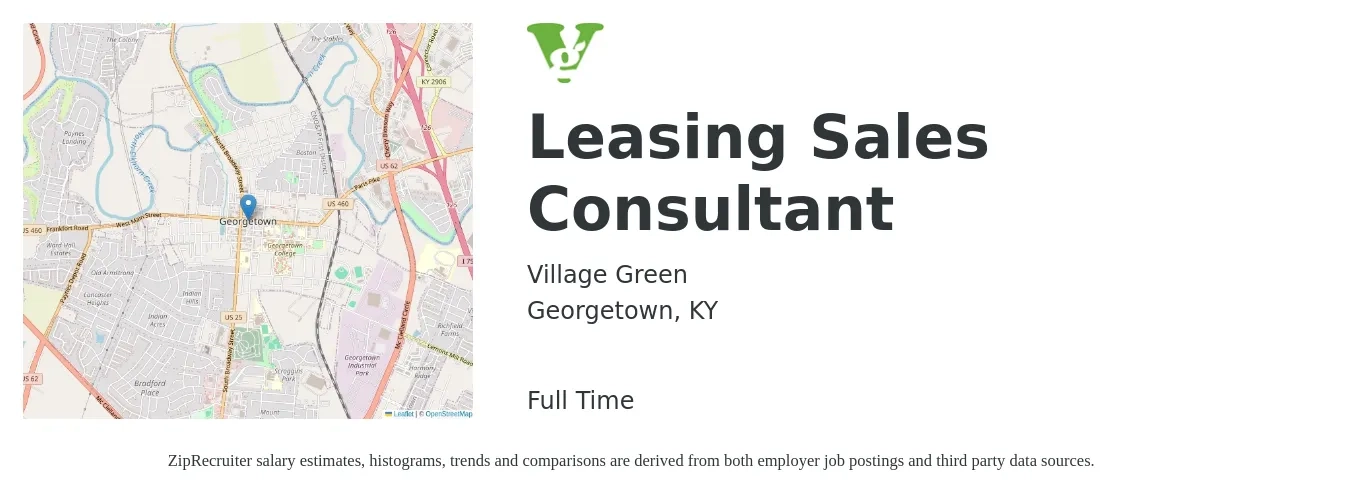 Village Green job posting for a Leasing Sales Consultant in Georgetown, KY with a salary of $35,200 to $80,800 Yearly with a map of Georgetown location.