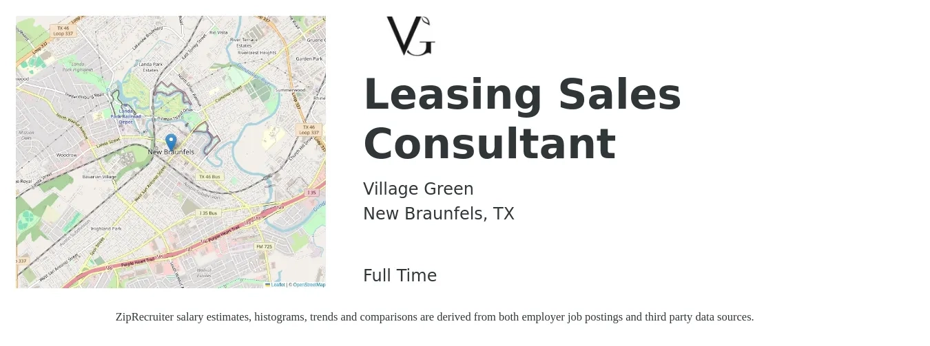 Village Green job posting for a Leasing Sales Consultant in New Braunfels, TX with a salary of $34,900 to $80,200 Yearly with a map of New Braunfels location.