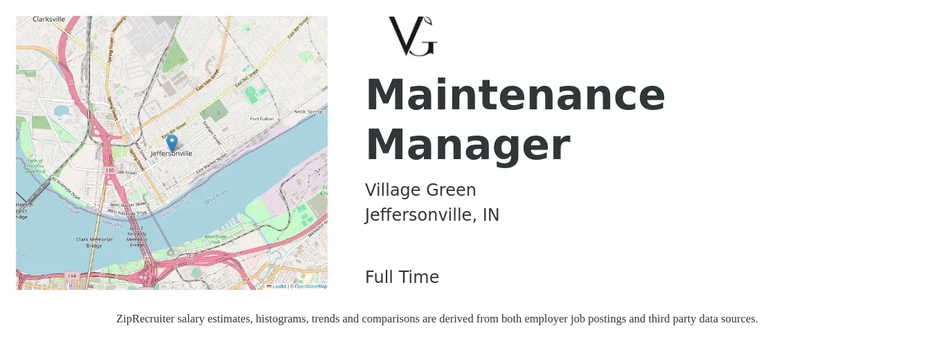 Village Green job posting for a Maintenance Manager in Jeffersonville, IN with a salary of $23 to $38 Hourly with a map of Jeffersonville location.