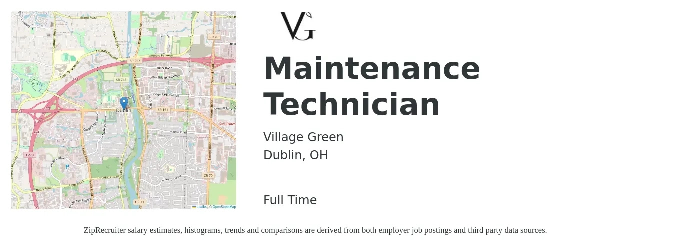 Village Green job posting for a Maintenance Technician in Dublin, OH with a salary of $21 Hourly with a map of Dublin location.