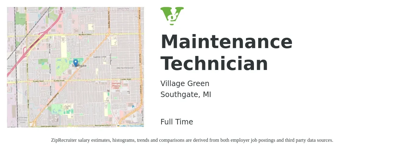 Village Green job posting for a Maintenance Technician in Southgate, MI with a salary of $17 to $24 Hourly with a map of Southgate location.