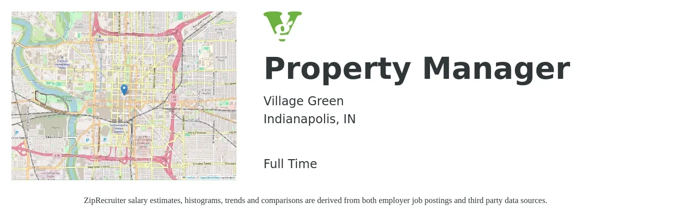 Village Green job posting for a Property Manager in Indianapolis, IN with a salary of $42,000 to $65,000 Yearly with a map of Indianapolis location.