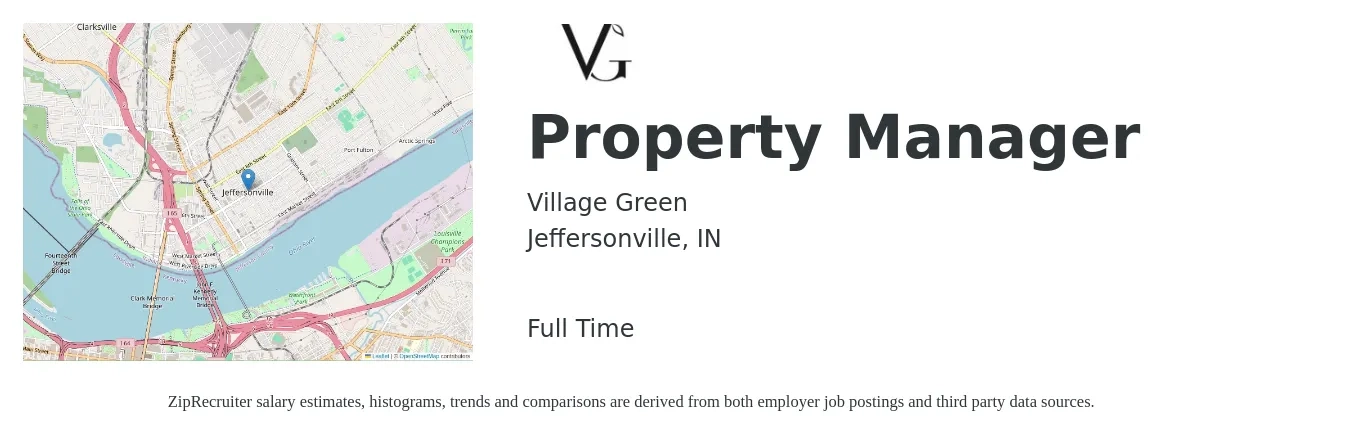 Village Green job posting for a Property Manager in Jeffersonville, IN with a salary of $42,200 to $65,200 Yearly with a map of Jeffersonville location.