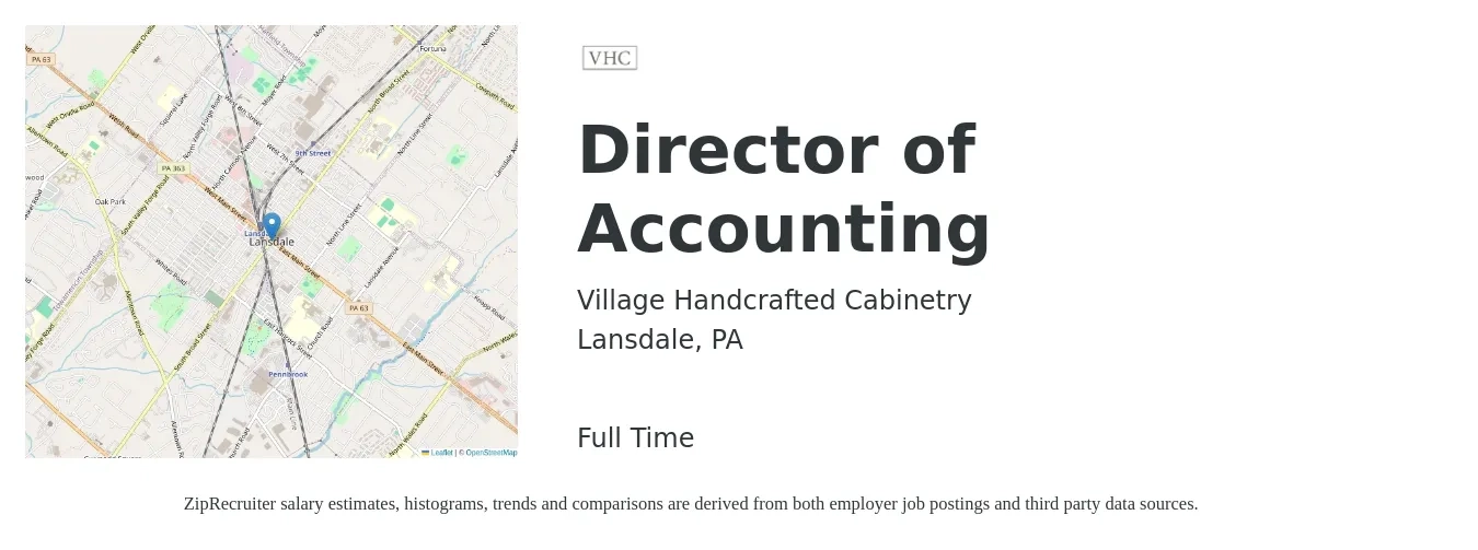 Village Handcrafted Cabinetry job posting for a Director of Accounting in Lansdale, PA with a salary of $101,600 to $154,900 Yearly with a map of Lansdale location.