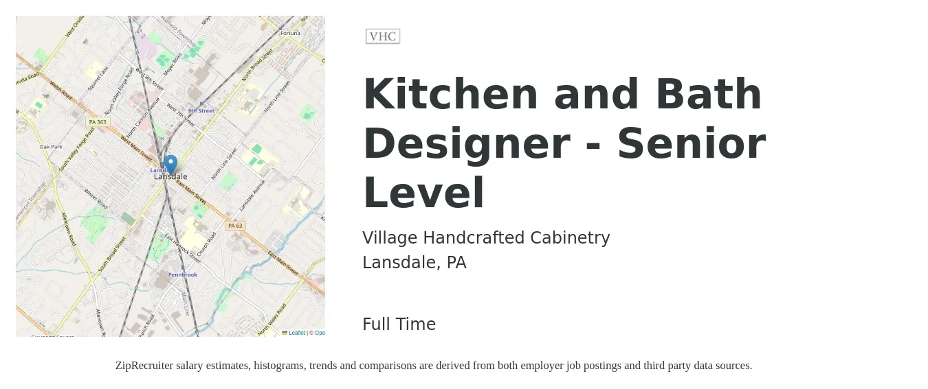 Village Handcrafted Cabinetry job posting for a Kitchen and Bath Designer - Senior Level in Lansdale, PA with a salary of $20 to $24 Hourly with a map of Lansdale location.