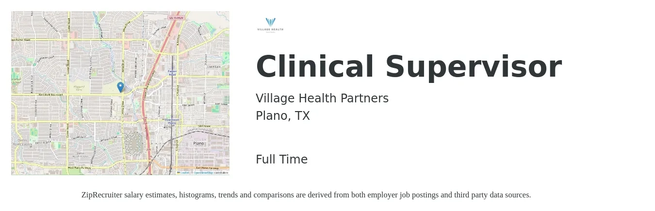 Village Health Partners job posting for a Clinical Supervisor in Plano, TX with a salary of $62,000 to $85,700 Yearly with a map of Plano location.