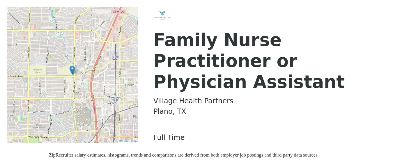 Village Health Partners job posting for a Family Nurse Practitioner or Physician Assistant in Plano, TX with a salary of $105,600 to $136,600 Yearly with a map of Plano location.