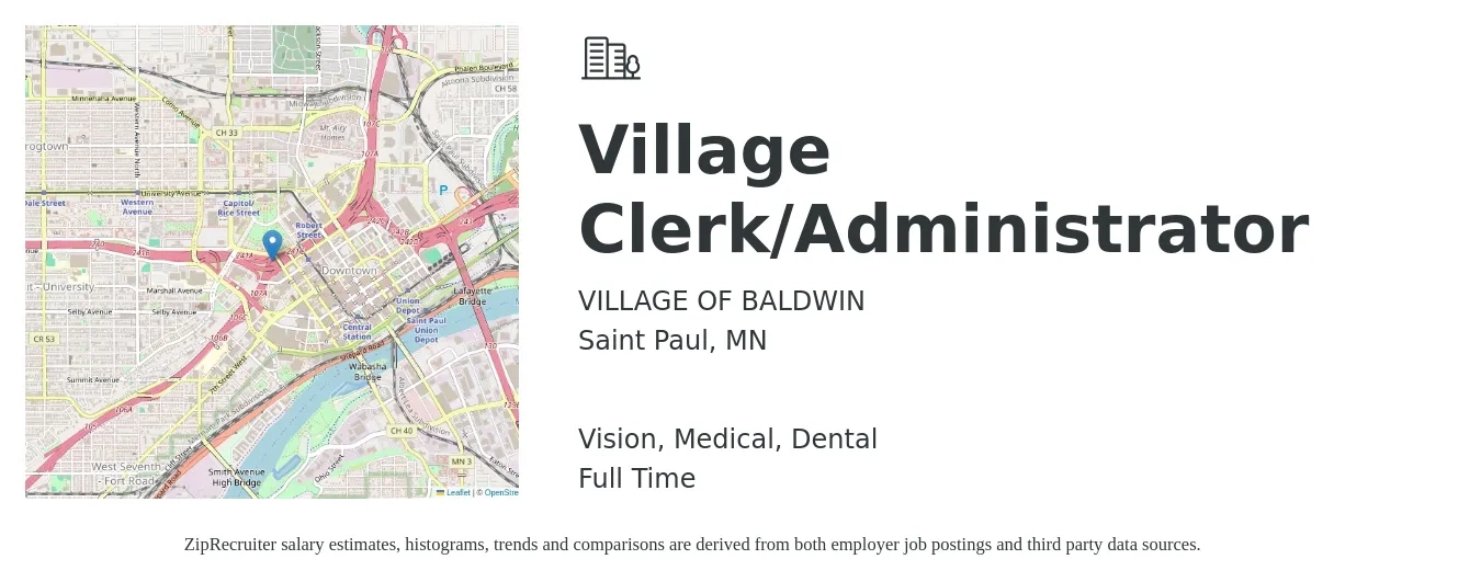 VILLAGE OF BALDWIN job posting for a Village Clerk/Administrator in Saint Paul, MN with a salary of $20 to $21 Hourly and benefits including medical, vision, dental, and life_insurance with a map of Saint Paul location.