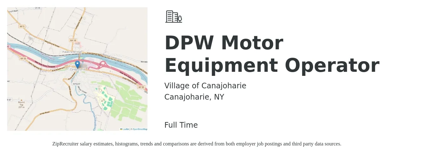 Village of Canajoharie job posting for a DPW Motor Equipment Operator in Canajoharie, NY with a salary of $22 to $28 Hourly with a map of Canajoharie location.